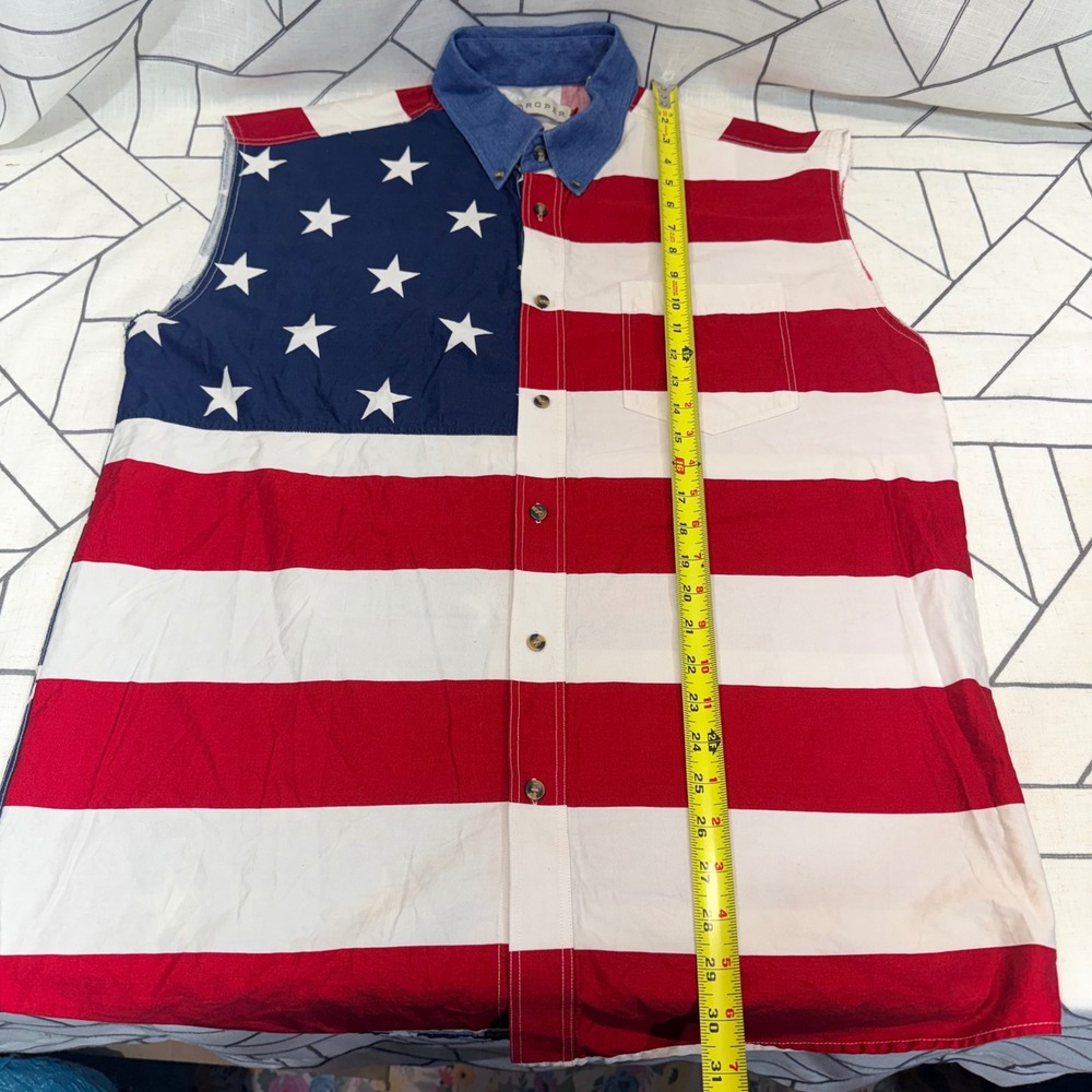 Roper Sleeveless Shirt Large Red White Blue American Flag Patriotic Button Up - Picture 4 of 7